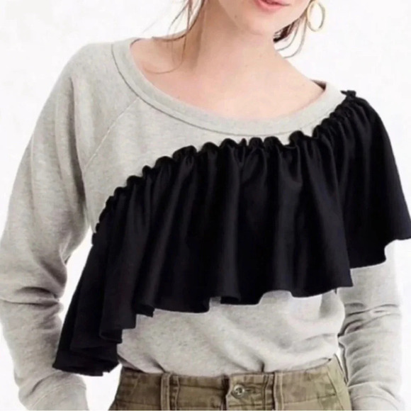 J. Crew Asymmetrical Black Ruffle Sweatshirt - Picture 1 of 6